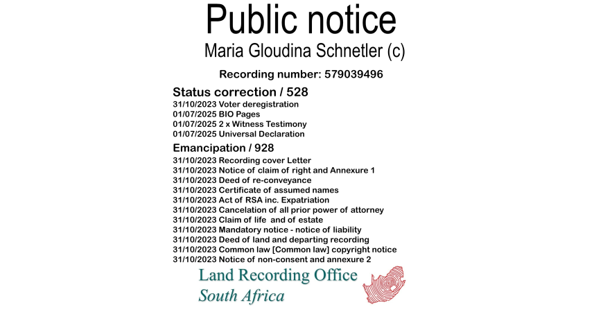 Public notice Maria Gloudina Schnetler (c) Recording number 579039496