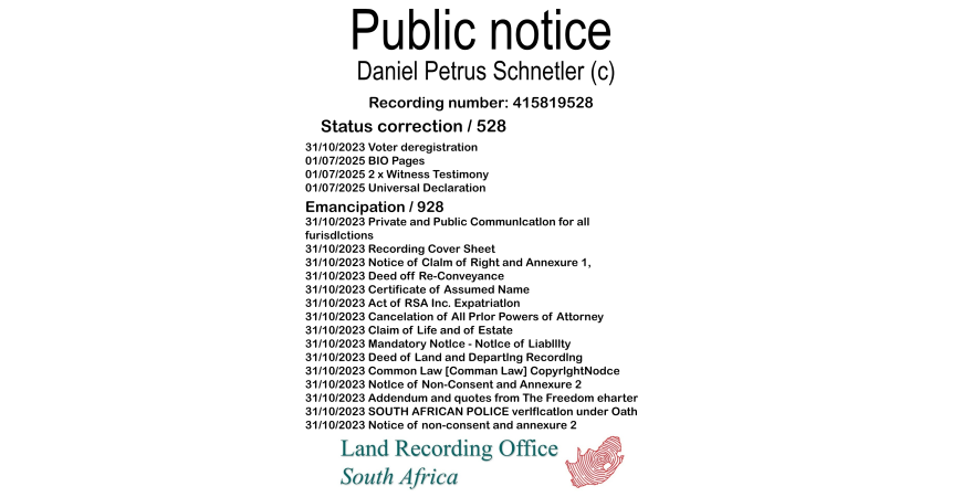 Public notice Daniel Petrus Schnetler (c) Recording number 415819528
