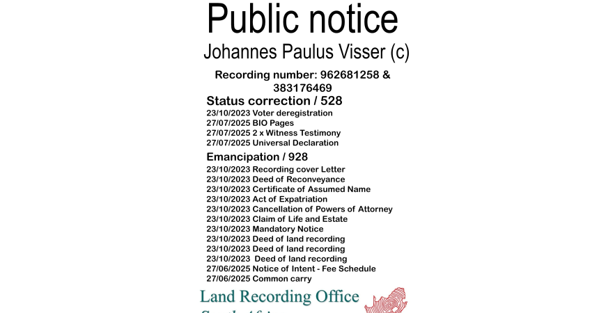 Public notice  Johannes Paulus Visser (c) Recording number 962681258 & 383176469
