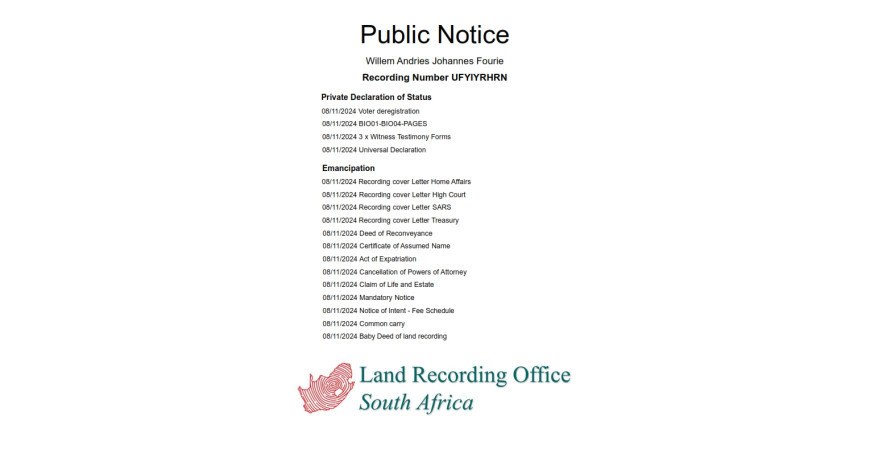 Public Notice Willem Andries Johannes Fourie Recording Number UFYIYRHRN