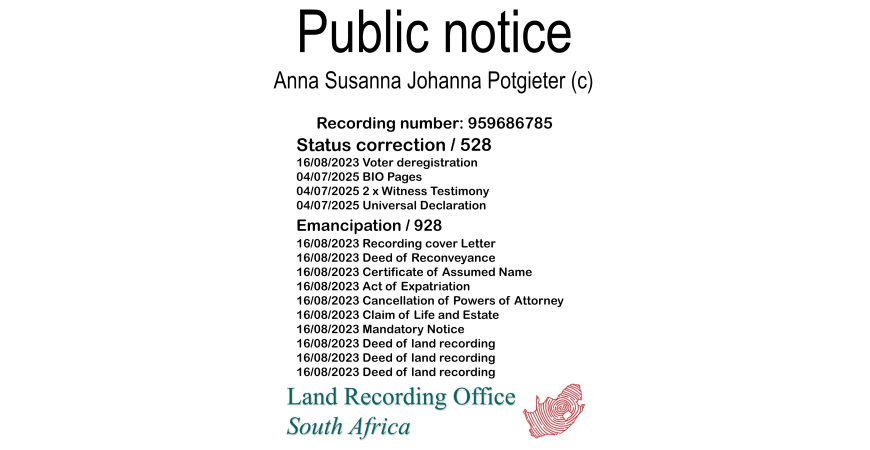 Public notice Anna Susanna Johanna Potgieter (c) Recording number 959686785