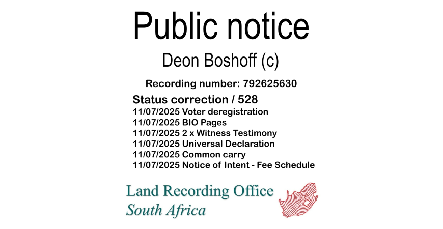 Public notice Deon Boshoff (c) Recording number 792625630