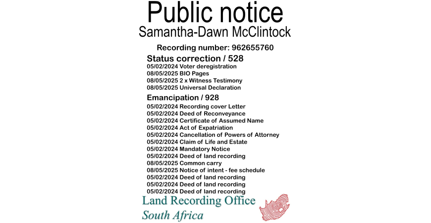 Public Notice Samantha-Dawn McClintock (c) Recording number 962655760