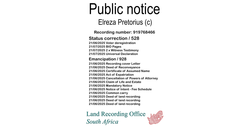 Public notice Elreza Pretorius (c) Recording number 919768466