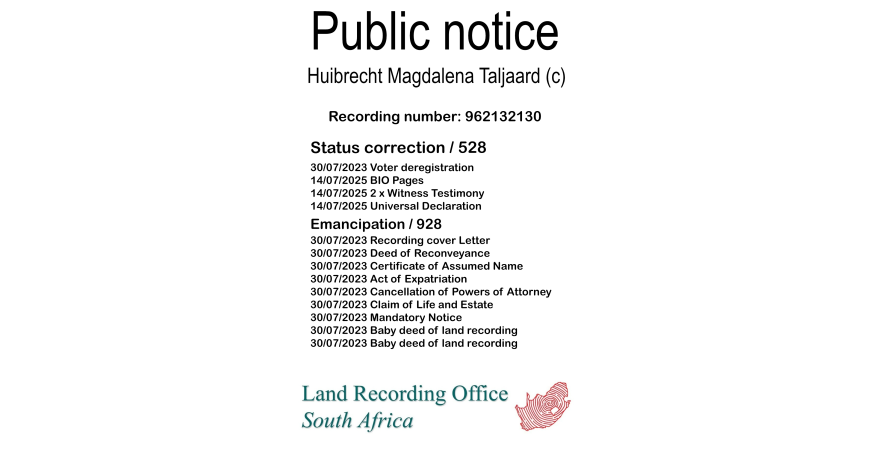 Public notice Huibrecht Magdalena Taljaard (c) Recording number 962132130