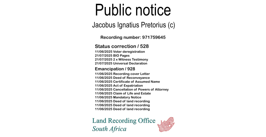 Public notice Jacobus Ignatius Pretorius (c) Recording number 971759645