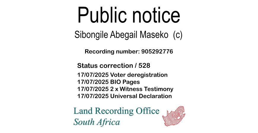 Public notice Sibongile Abegail Maseko  (c) Recording number 905292776