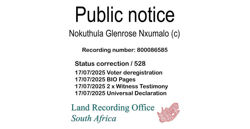 Public notice Nokuthula Glenrose Nxumalo (c) Recording number 800086585