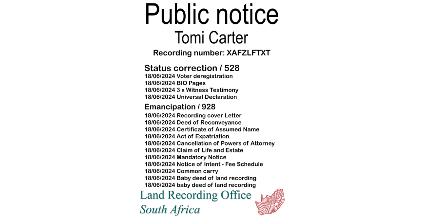 Public notice Tomi Carter Recording Number XAFZLFTXT