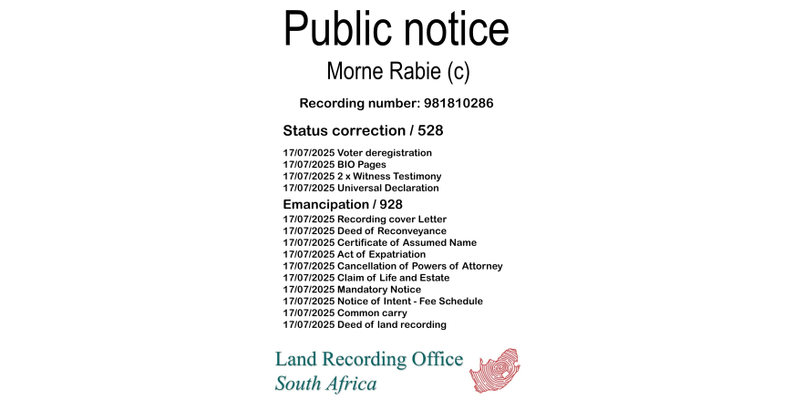 Public notice Morne Rabie (c) Recording number 981810286