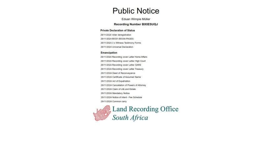 Public notice Eduan Wimpie Müller Recording Number BIXIESUQJ