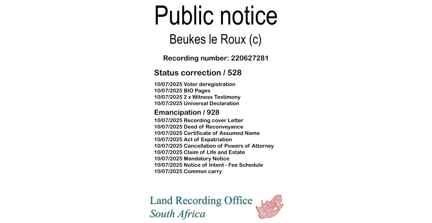 Public notice Beukes le Roux (c) Recording number 220627281