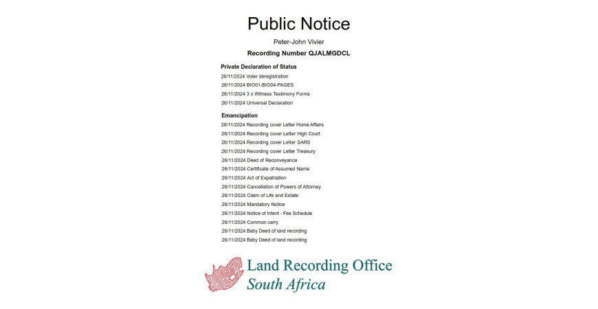 Public notice Peter-John Vivier Recording Number QJALMGDCL