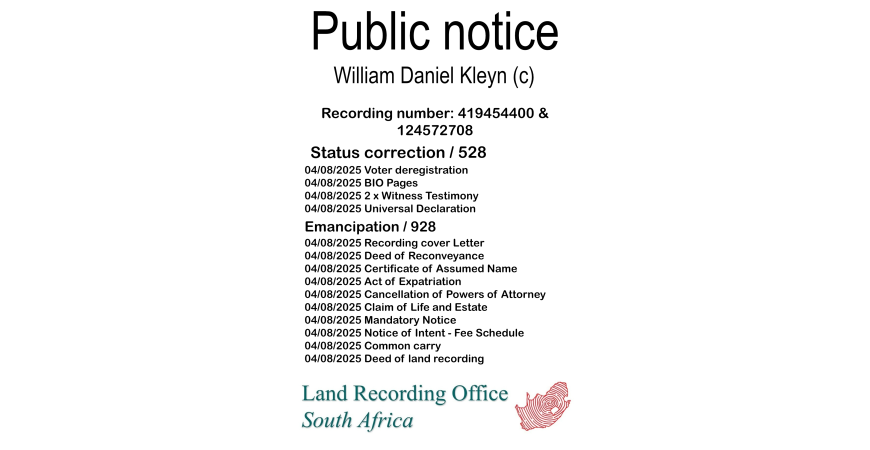 Public notice William Daniel Kleyn (c) Recording number 419454400 & 124572708