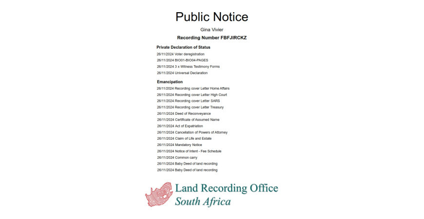 Public notice Gina Vivier Recording Number FBFJIRCKZ