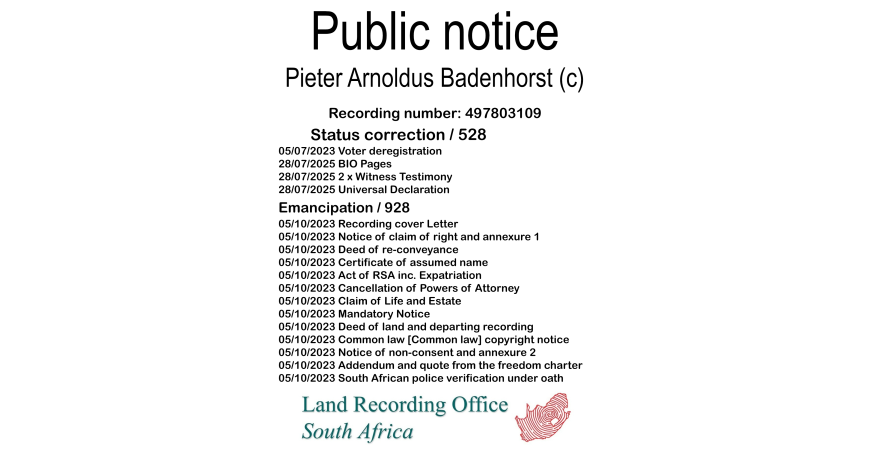 Public notice Pieter Arnoldus Badenhorst (c) Recording number 497803109
