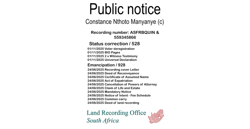 Public notice Constance Nthoto Manyanye (c) Recording number ASFRBQUIN & 559345866