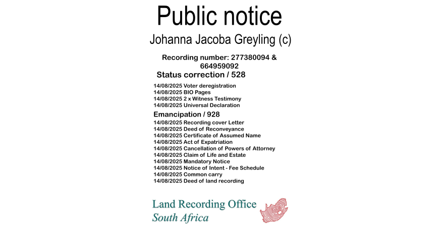 Public notice Johanna Jacoba Greyling (c) Recording number 277380094 & 664959092