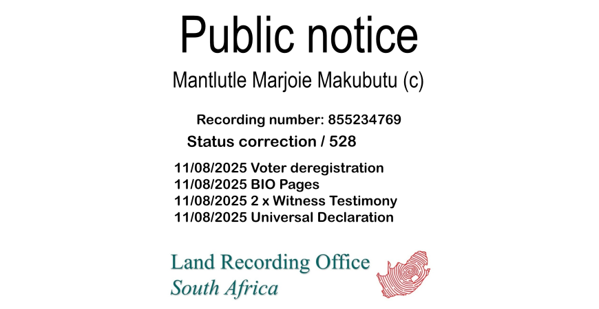 Public notice Mantlutle Marjoie Makubutu (c) Recording number 855234769