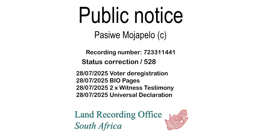 Public notice Pasiwe Mojapelo (c) Recording number 723311441