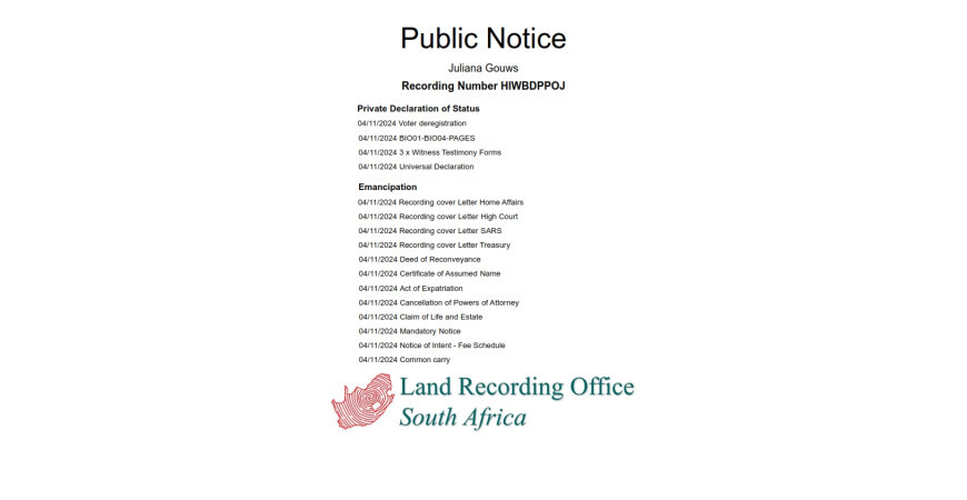 Public notice Juliana Gouws Recording Number HIWBDPPOJ