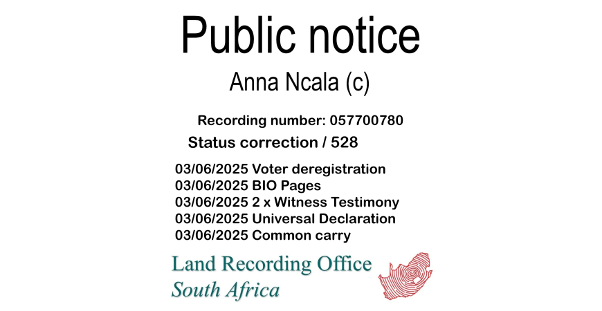 Public notice Anna Ncala (c) Recording number 057700780