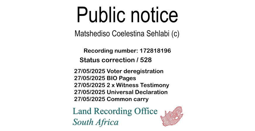 Public notice Matshediso Coelestina Sehlabi (c) Recording number 172818196