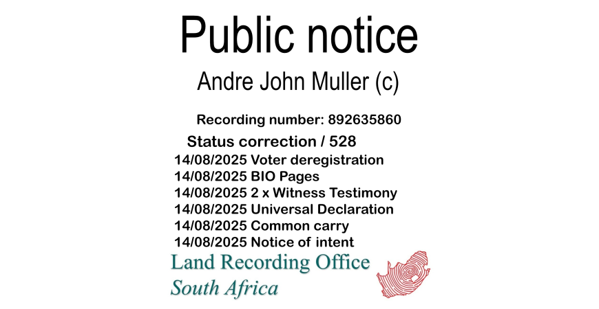 Public notice Andre John Muller (c) Recording number 892635860