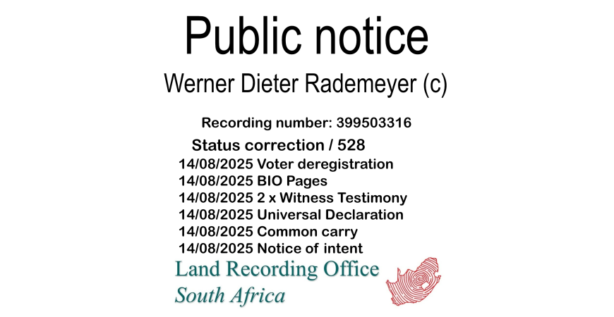 Public notice Werner Dieter Rademeyer (c) Recording number 399503316