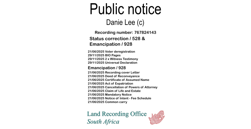 Public notice Danie Lee (c) Recording number 767824143