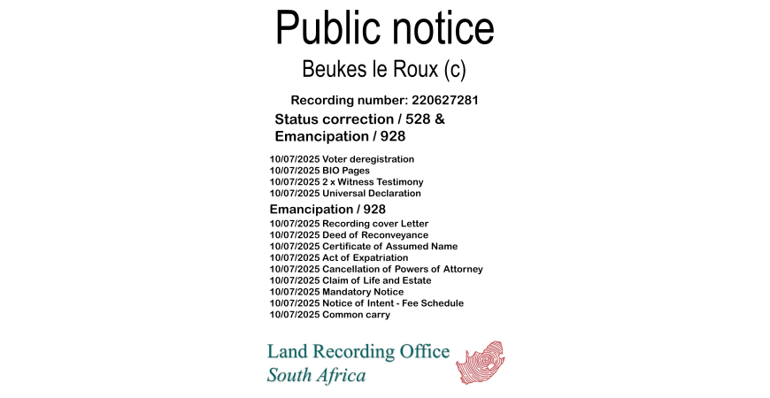 Public notice Beukes le Roux (c) Recording number 220627281