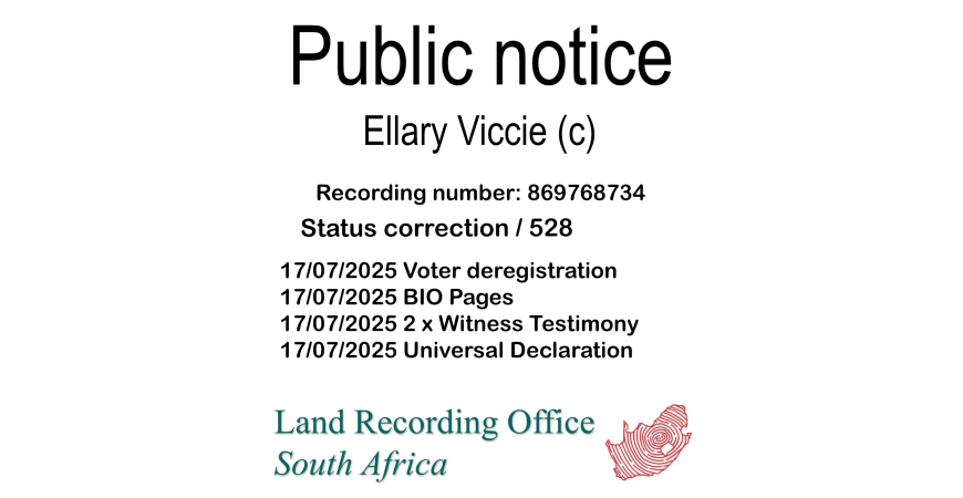 Public notice Ellary Viccie (c) Recording number 869768734