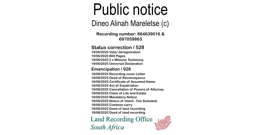 Public notice Dineo Alinah Mareletse (c) Recording number 664639016 & 697059863