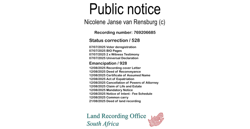 Public notice Nicolene Janse van Rensburg (c) Recording number 769206685