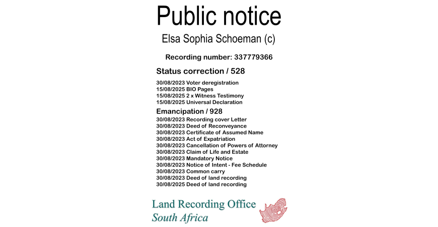 Public notice Elsa Sophia Schoeman (c) Recording number 337779366