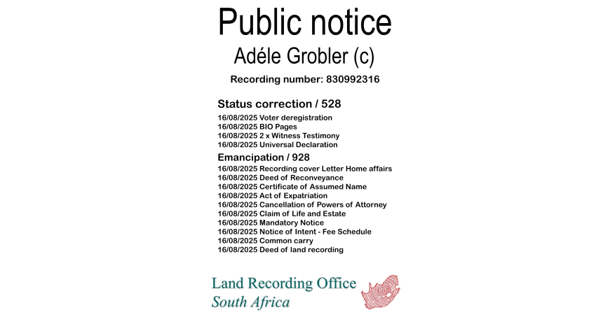 Public notice Adéle Grobler (c) Recording number 830992316