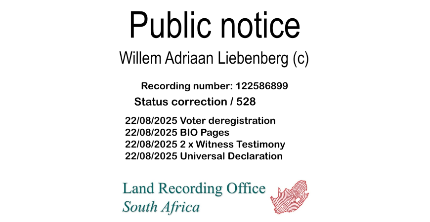 Public notice Willem Adriaan Liebenberg (c) Recording number 122586899