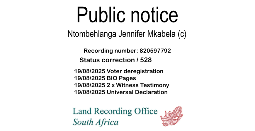 Public notice Ntombehlanga Jennifer Mkabela (c) Recording number 820597792