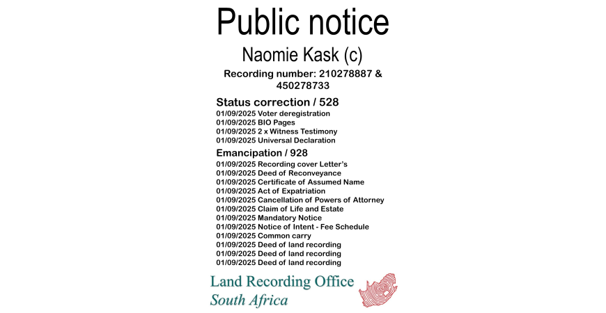 Public notice Naomie Kask (c) Recording number 210278887 & 450278733