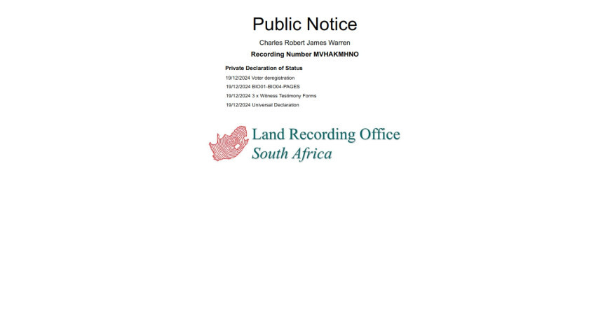Public notice Charles Robert James Warren Recording Number MVHAKMHNO