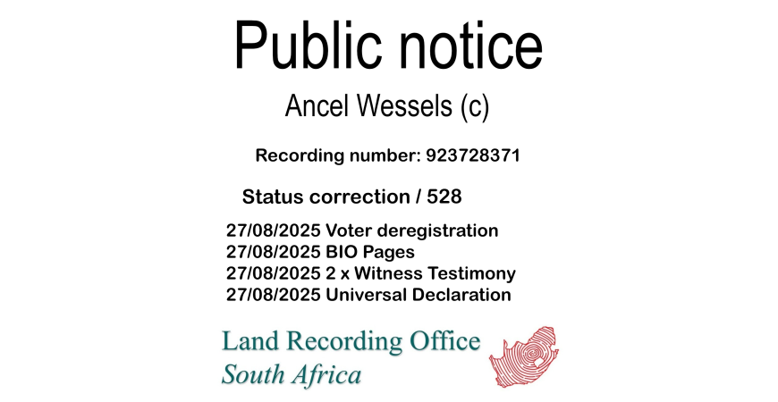 Public notice Ancel Wessels (c) Recording number 923728371