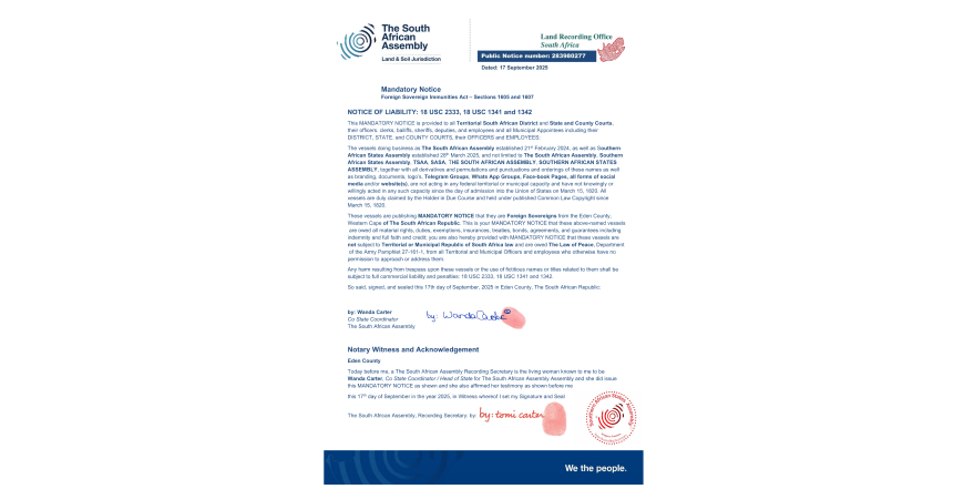 Public notice TSAA FSIA Manditory Notice recording number  283980277