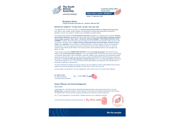 Public notice TSAA FSIA Manditory Notice recording number  283980277