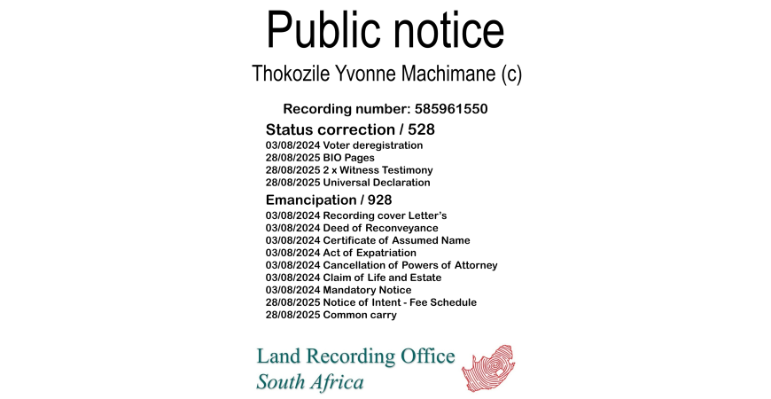 Public notice Thokozile Yvonne Machimane Recording number 585961550