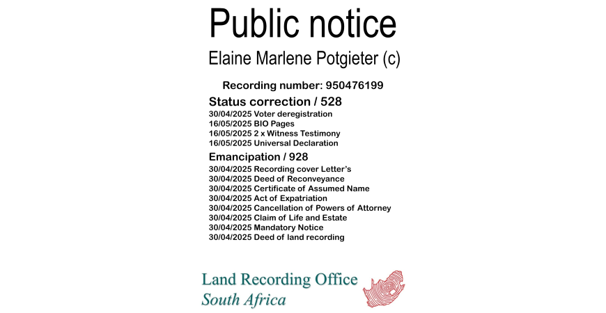 Public notice Elaine Marlene Potgieter Recording number 950476199