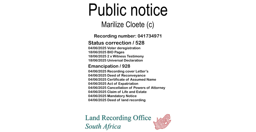 Public notice Marilize Cloete Recording number 041734971
