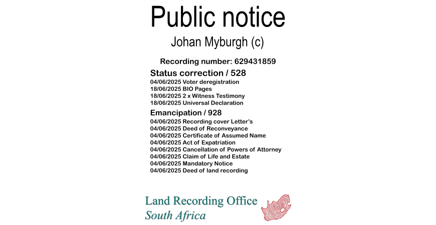Public notice Johan Myburgh Recording number 629431859