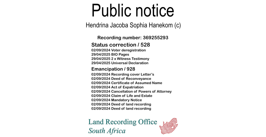 Public notice Hendrina Jacoba Sophia Hanekom Recording number 369255293