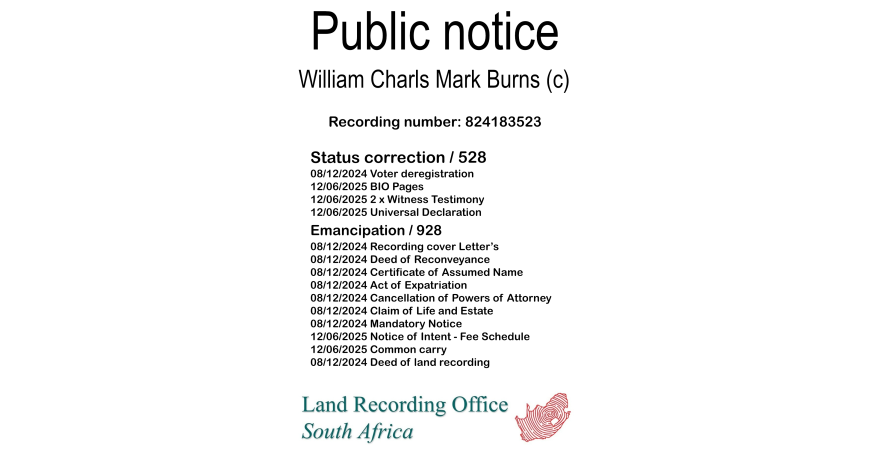 Public notice William Charls Mark Burns Recording number 824183523