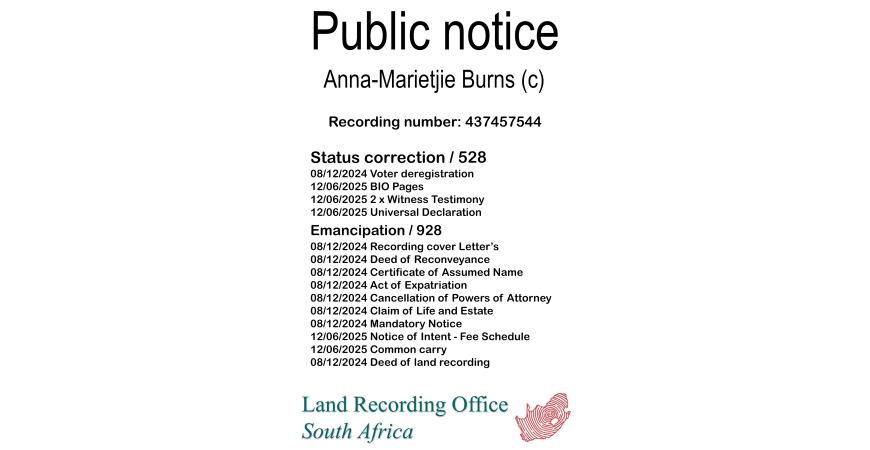 Public notice Anna-Marietjie Burns Recording number 437457544